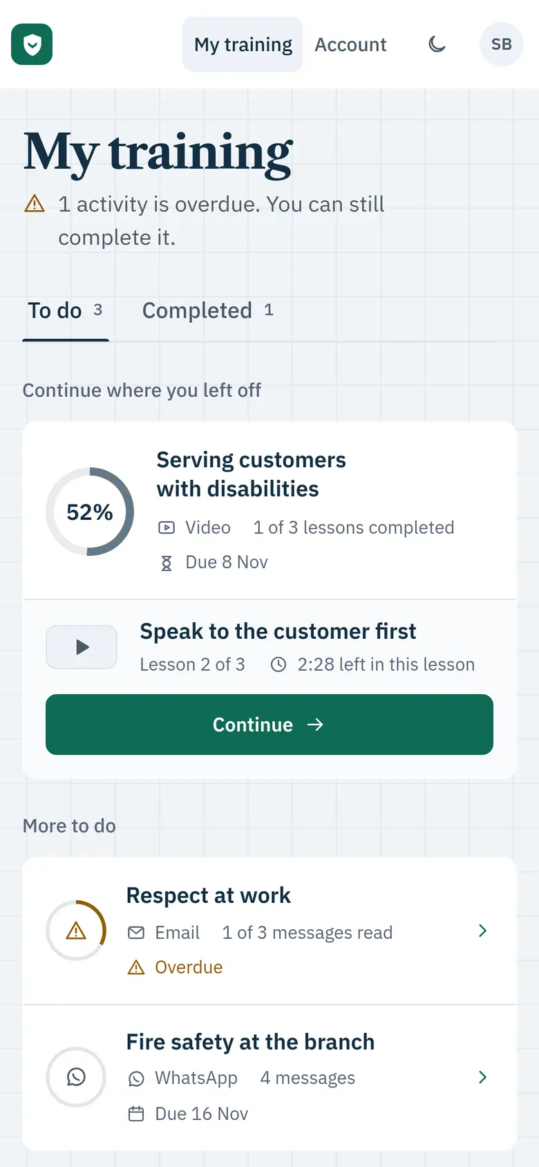 The same learner home in a bank's green brand.