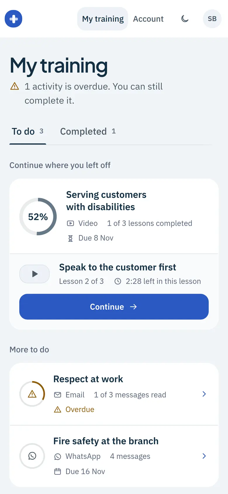 Learner home in a hospital group's blue brand.